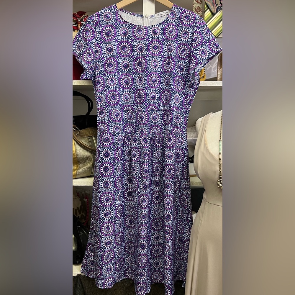 MISSLOOK - Royal Blue/Pink/ White with Purple Hue - Flutter Sleeve Midi Dress S